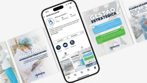 Imagem de um celular aberto na página do Instagram da Biofarma Consultoria, especializada em soluções sanitárias. A tela exibe o perfil da empresa, destacando serviços de consultoria em regulamentação sanitária, controle de qualidade e segurança para o setor farmacêutico e de saúde. Ideal para marketing digital, redes sociais e divulgação de soluções no setor sanitário.