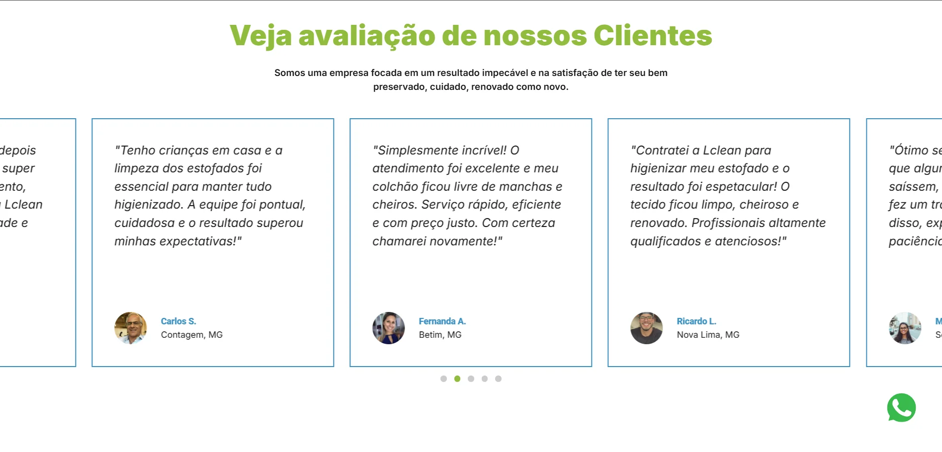 Captura de tela de uma área de depoimentos do site.